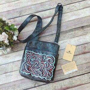 Patricia Nash Tooled Turquoise Collection Brown Stipes Sling Bag New